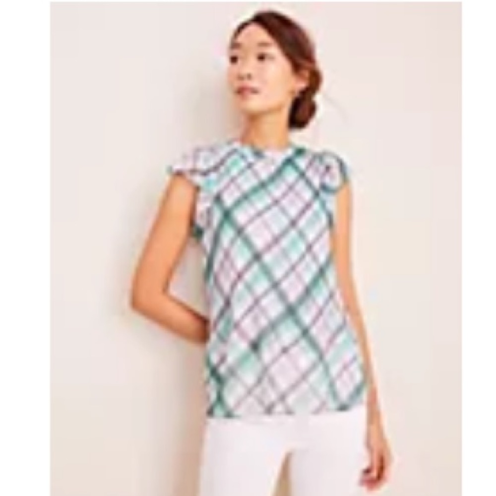 Ann Taylor • Plaid Flutter Sleeve Top